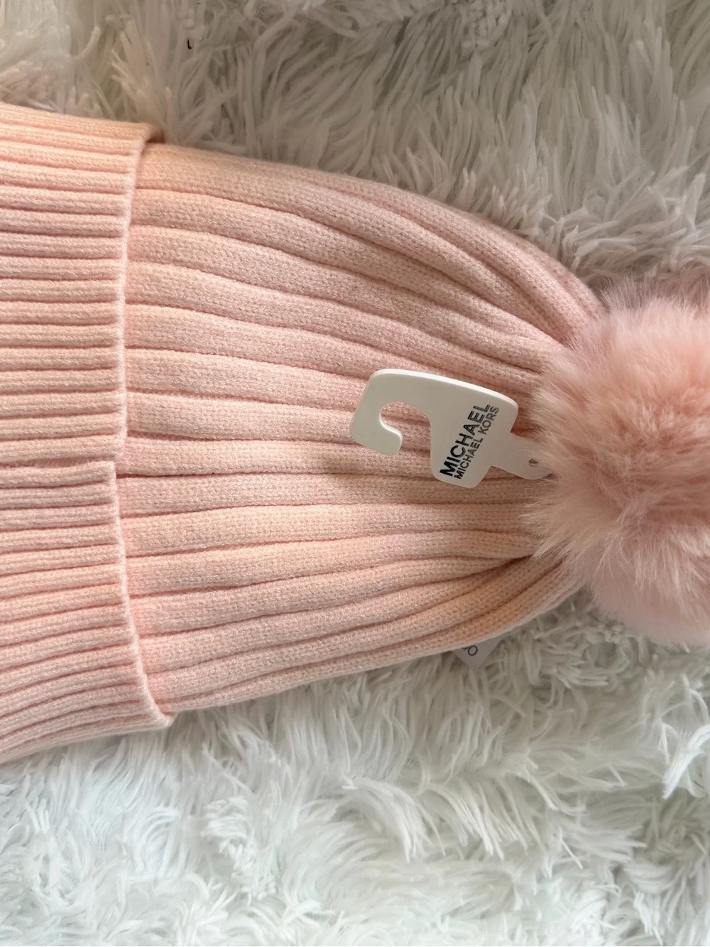 Michael Kors women Blush Pink Ribbed Pom Beanie